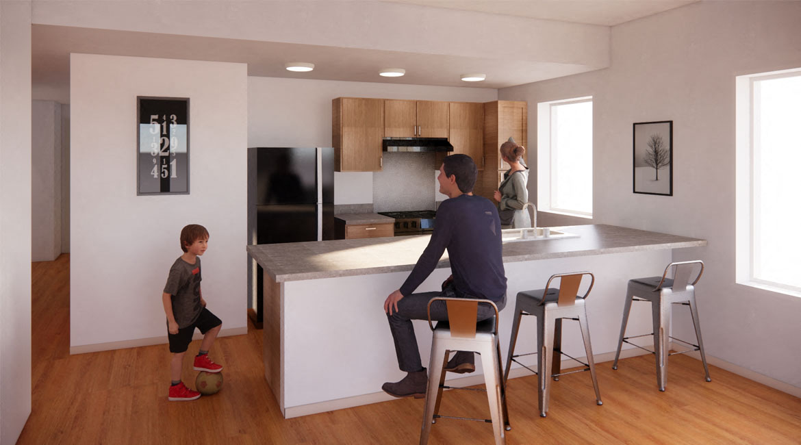 Modern open kitchen with island, designer cabinetry, recessed lighting, luxury plank flooring.